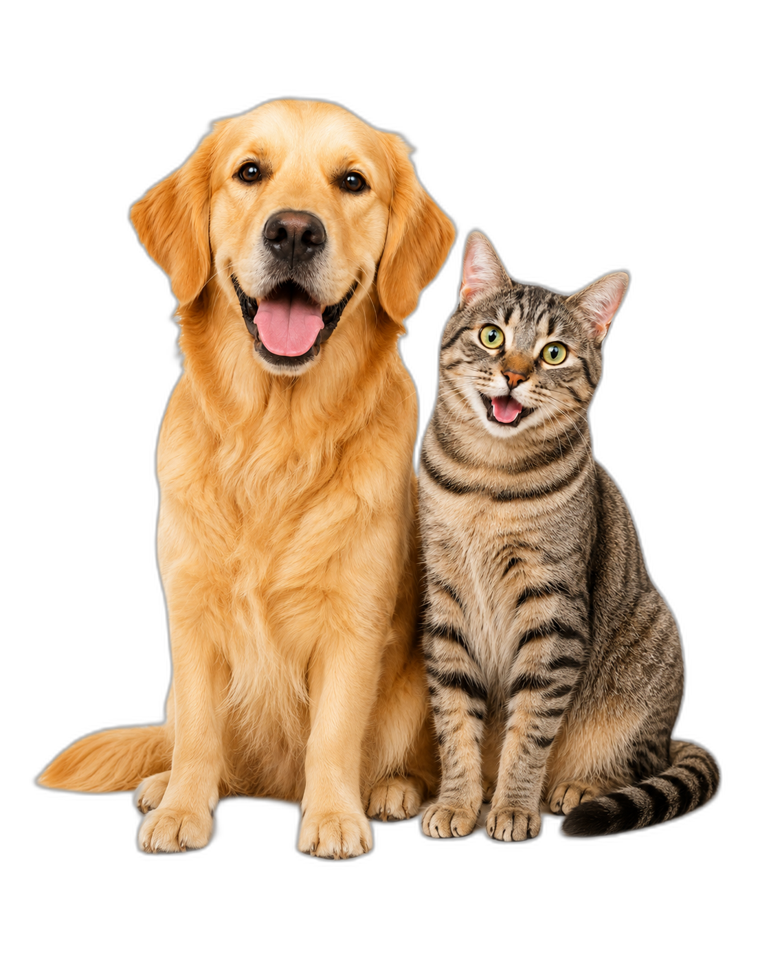 Cachorro golden retriever e gato tabby felizes